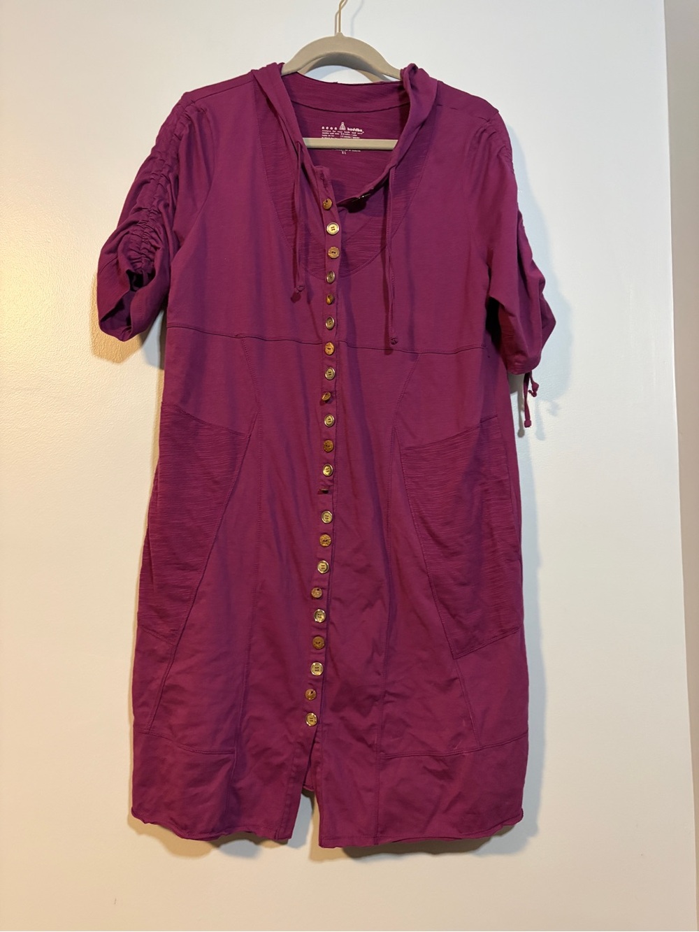neon buddha Button-Front Hooded Midi Dress in Magenta